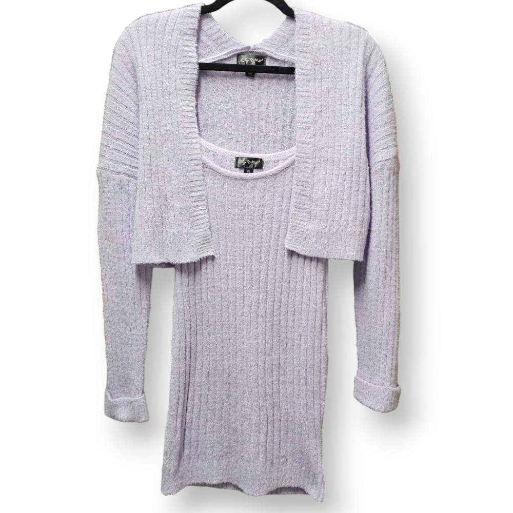Say What Fuzzy Lilac Bodycon Sweater Dress & Matching Cropped Cardigan size XL/M